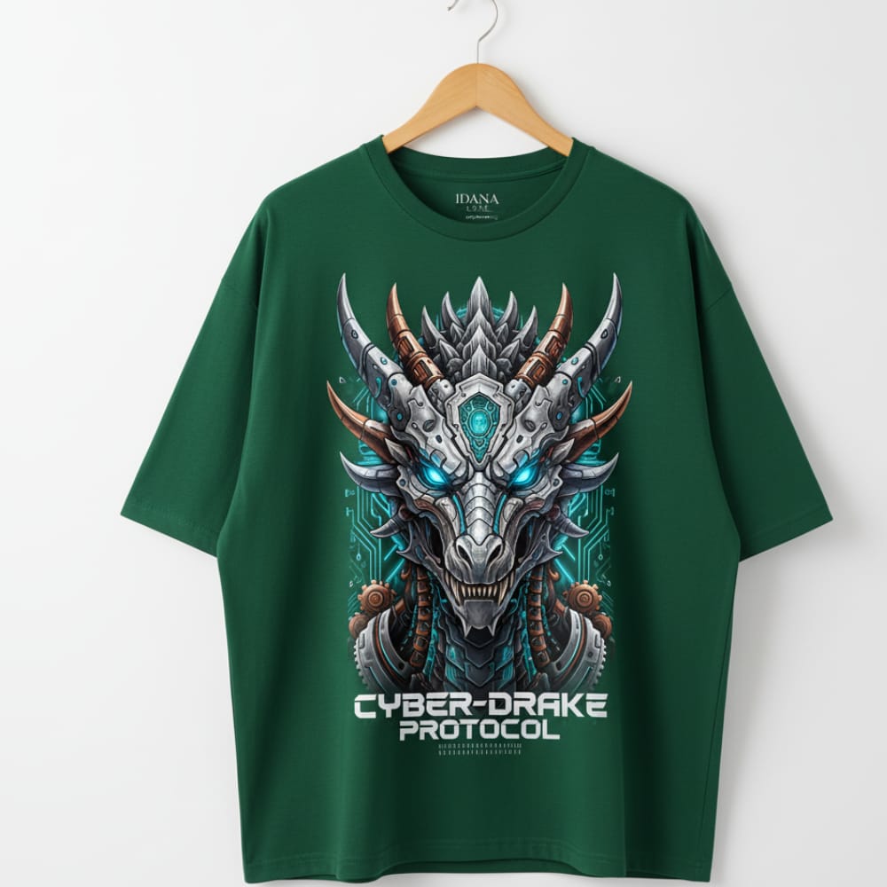 yber-Drake Protocol Oversize T-Shirt: Futuristic Dragon Mech