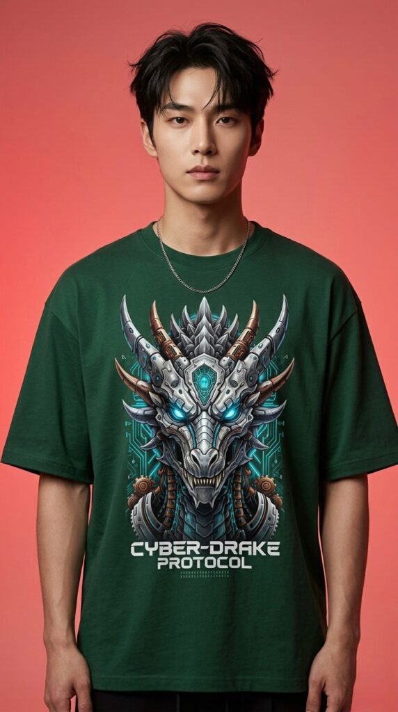 yber-Drake Protocol Oversize T-Shirt: Futuristic Dragon Mech