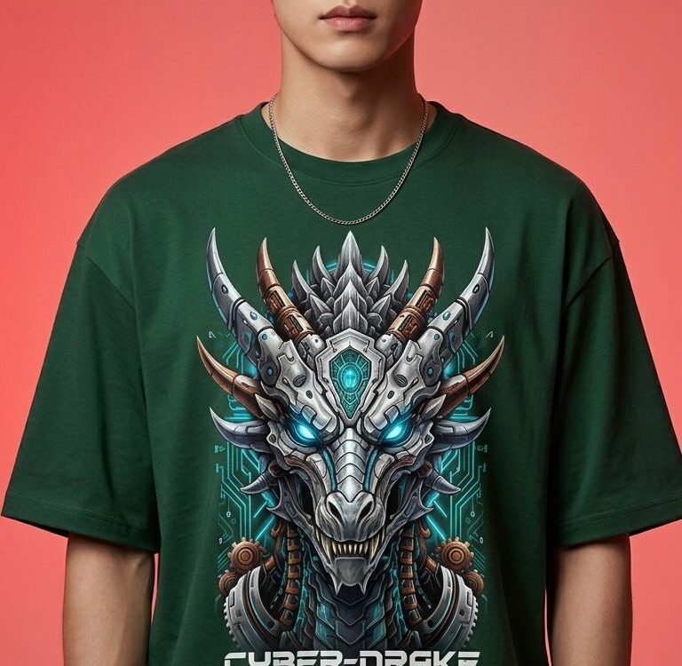 yber-Drake Protocol Oversize T-Shirt: Futuristic Dragon Mech