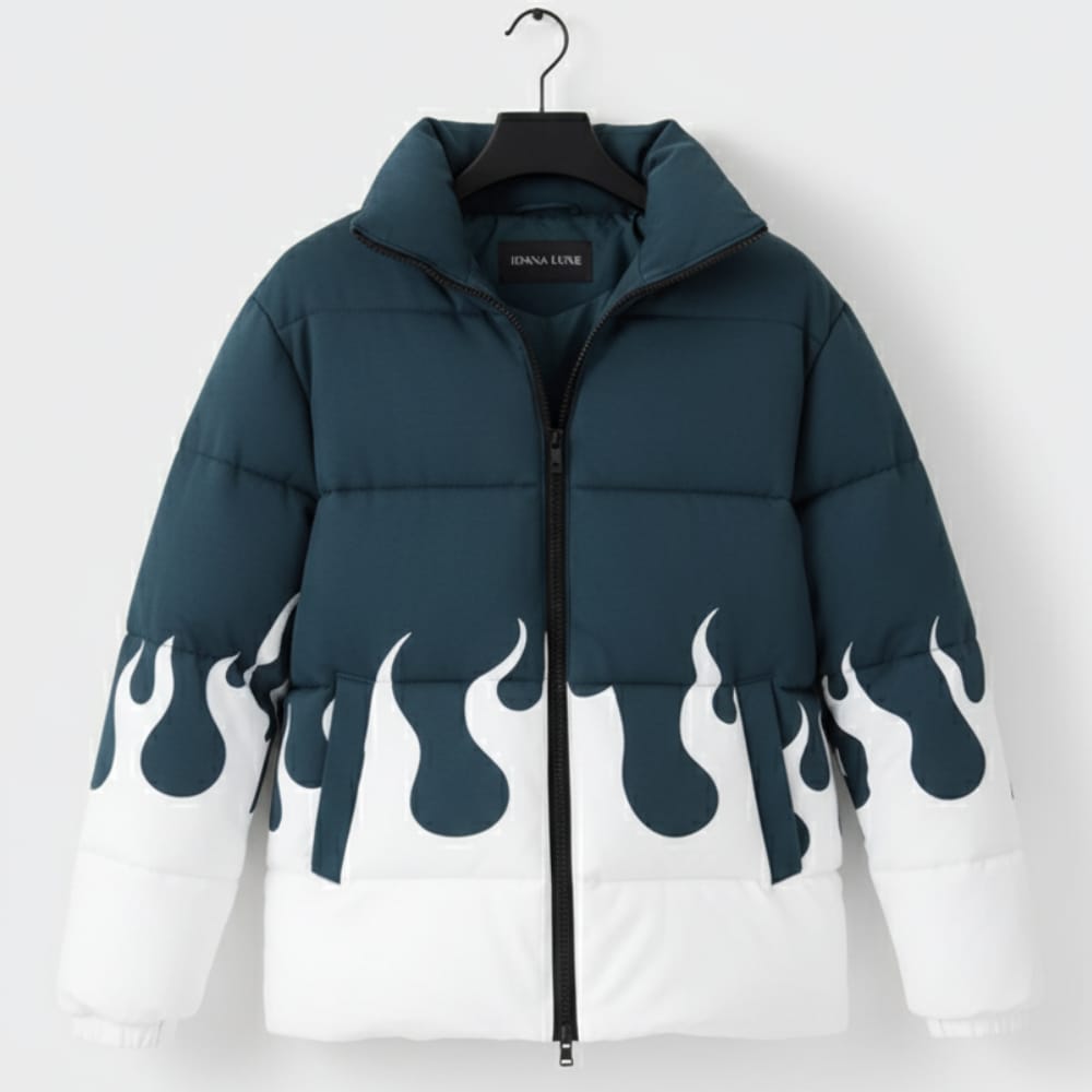 Trendy Flame Print Puffer Bomber Jacket for Men & Women – Multicolor Winter Wear