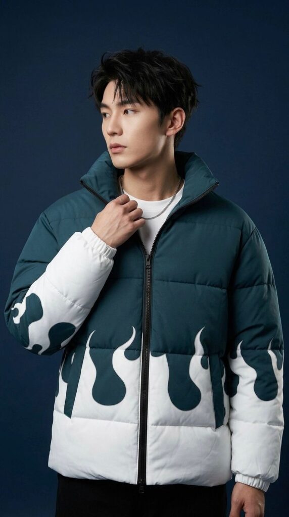 Trendy Flame Print Puffer Bomber Jacket for Men & Women – Multicolor Winter Wear